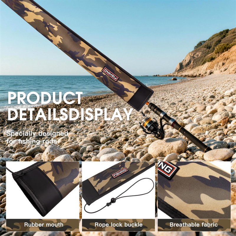 Fishing Rod Sleeve Protector, Waterproof Camouflage Pattern, Fits Casting 62in and Spinning 64in Rods, Hook Resistant with Adjustable Reel Strap, 1 Count (Casting, Camo)