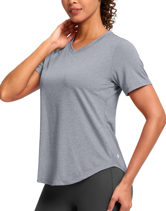 Womens Workout Shirts V-Neck Short Sleeve UPF 50+ Sun Shirt Moisture Wicking Dry Fit Top for Gym, Running, Athletic (Heather Grey, L)