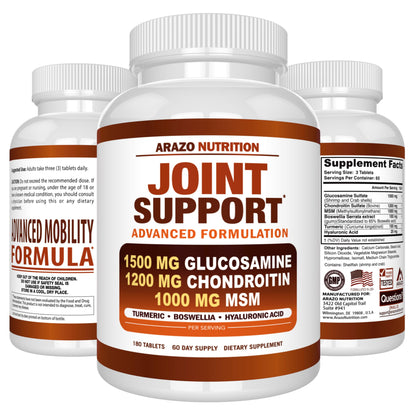 Arazo Nutrition Glucosamine Chondroitin Turmeric Msm Boswellia - Joint Support Supplement for Relief 180 Tablets for Bones, Back, Knees, Hands (180 Tablets)