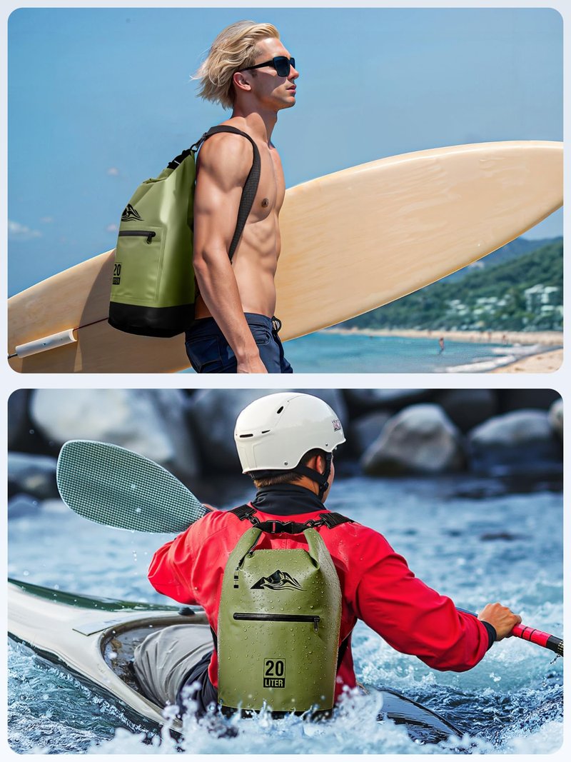 HEETA Waterproof Dry Bag with Front Zippered Pocket for Women Men, Roll Top Lightweight Dry Storage Bag Backpack for Travel, Kayaking, Boating, Rafting, Camping, Hiking & Beach (Green, 10L)