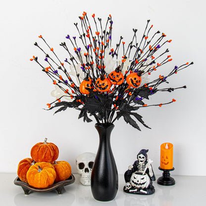 12 PCs Spooky Halloween Flowers Artificial 17 Inches Orange Black Floral Stems Gothic Halloween Pumpkin Stems with Ghost Floral Picks for Vase Floral Arrangements Table Centerpieces Decorations