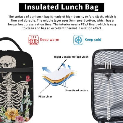 Gianlaima Skull Funny Skeleton Gothic Hippie Halloween Terror Rock Roll Flower Insulated Lunch Box For Women Man, Portable Lunch Bag Reusable Cooler Tote For Office Work Travel Picnic Camping Beach