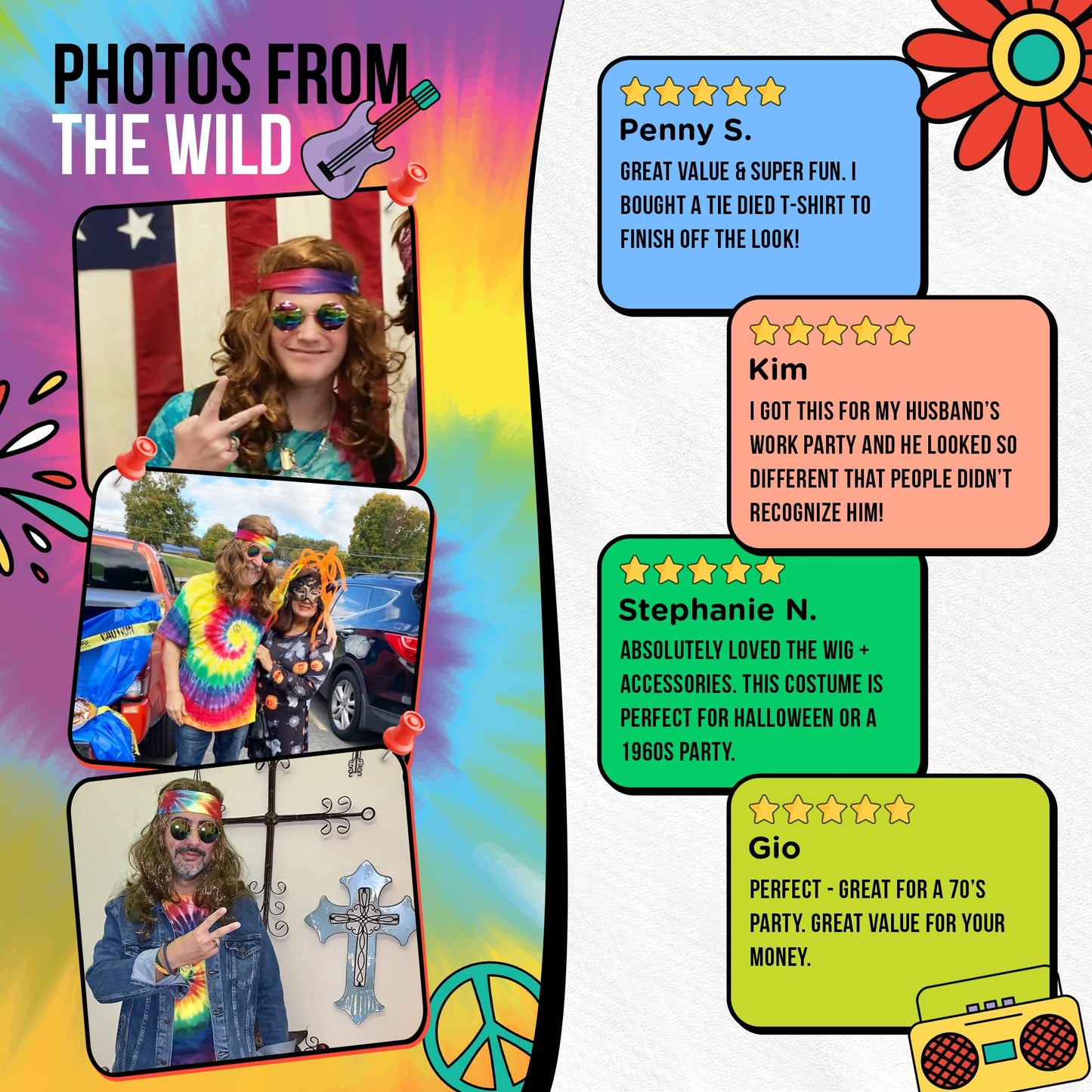 Watt's Wigs - Hippie Costume Set, Brown Wig, Tie Dye Headband, Rainbow Sunglasses, and Peace Medallion Necklace - 60s or 70s Hippy Woodstock Cosplay