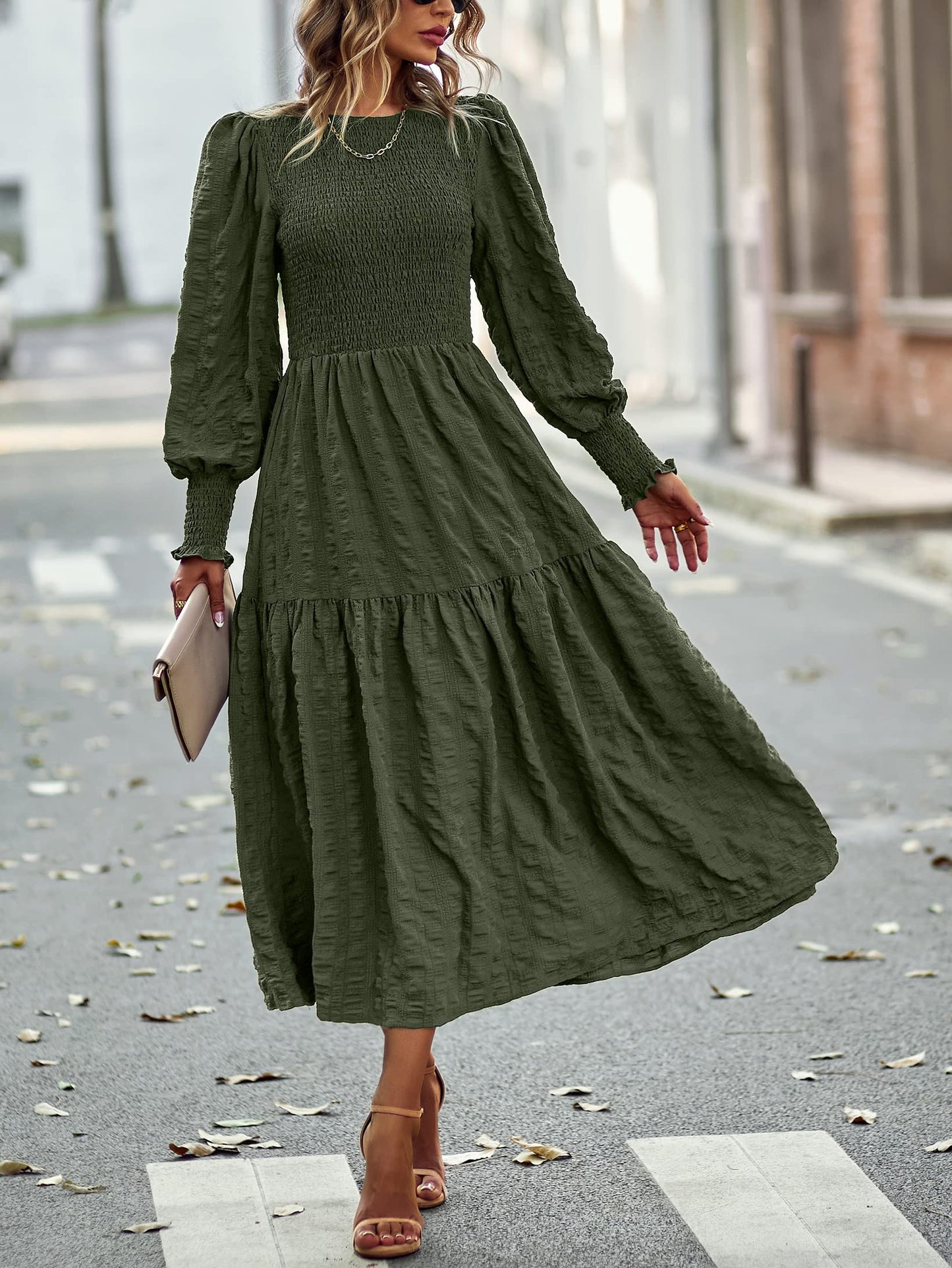 PRETTYGARDEN Women 2025 Spring Puff Long Sleeve Crewneck Smocked Maxi Dress Empire Waist Tiered A-line Swing Flowy Long Dress(Army Green,Small)