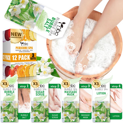 Pedicure Kit Foot Soak Set: Bubble Salt, Sugar Scrub, Massage Mask, Massage Lotion in a Box, 4 Step Foot Spa Kit for Dry Feet,Tired Feet（3 Set Tropical Fruit)