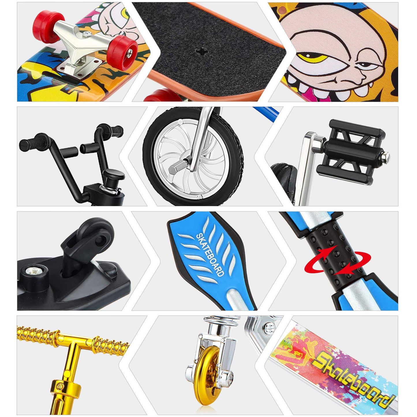 18 Pieces Mini Finger Toys Set Finger Skateboards Finger Bikes Scooter Tiny Swing Board Fingertip Movement Party Favors Wheels and Tools