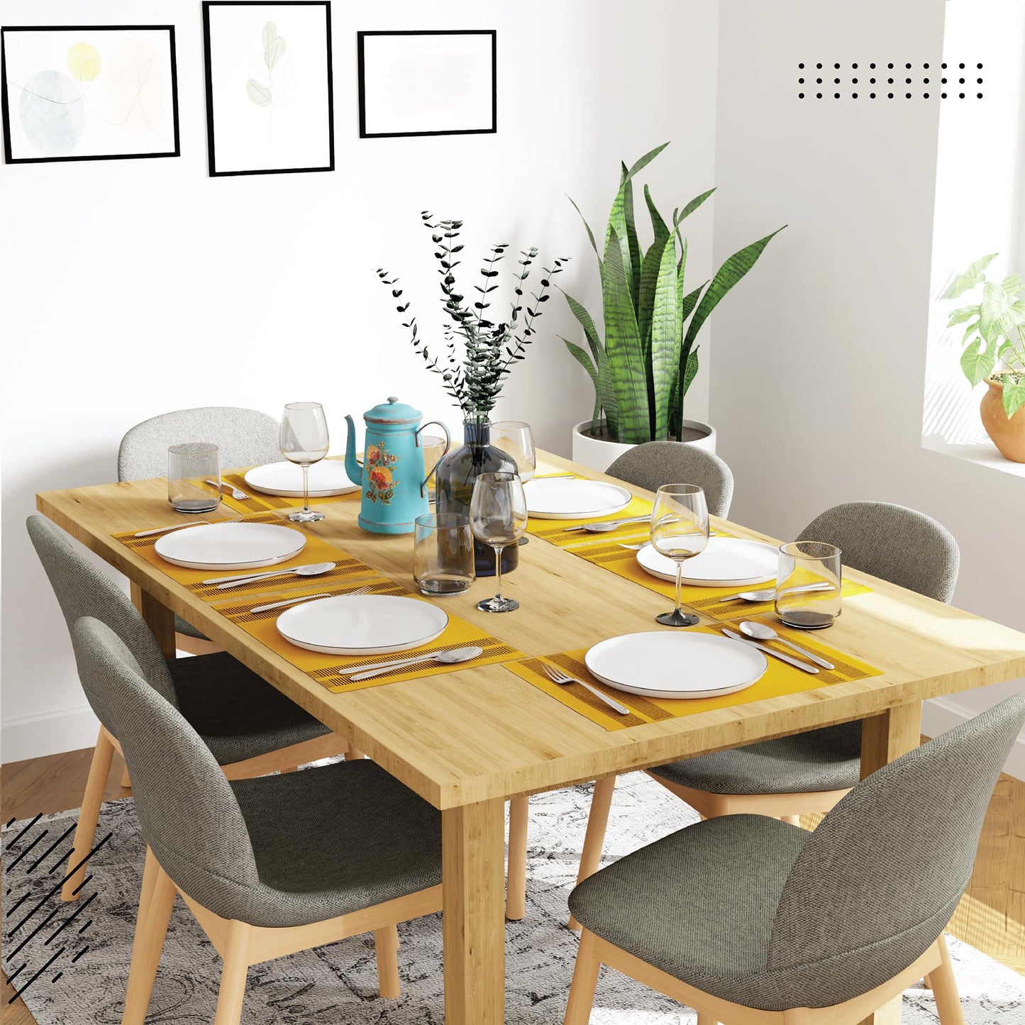 Encasa Ribbed Table Placemats (Set of 6) - Ladder Yellow | 46x32 cm | Over 20 Modern Colors & Woven Designs - Washable Cloth Place Mats