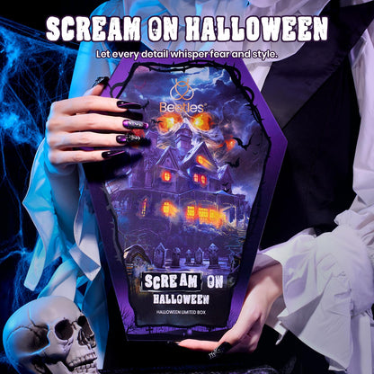 beetles Scream On Halloween Limited Box, Halloween Gel Polish Kit with UV Light, Black Orange Dark Purple Cat Eye Polish With Nail Tips Nail Sticker Manicure Kit Salon DIY Nail Art Gift Set