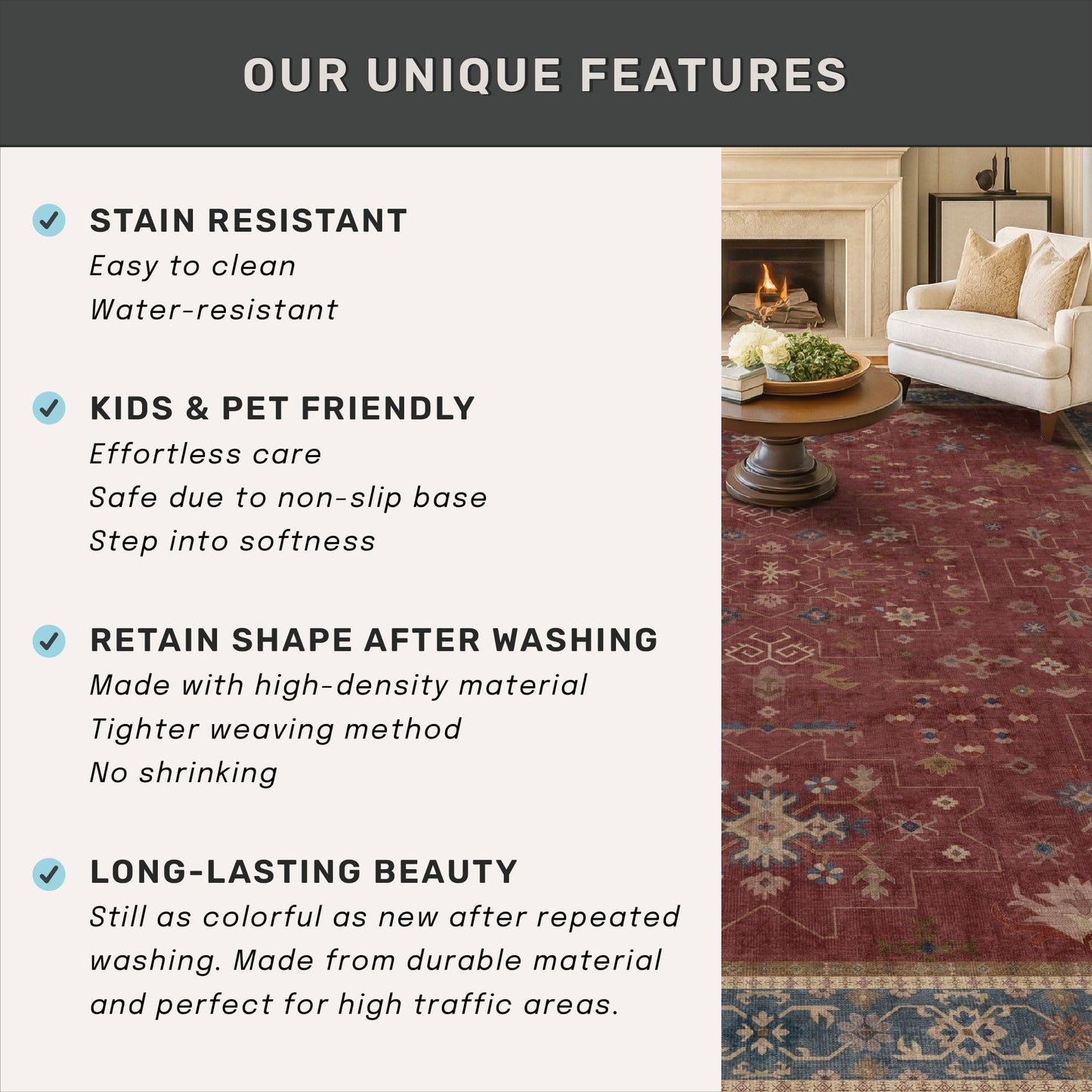 Washable 3x5 Entry Way Rugs Indoor - Burgundy Large Kitchen Rug, Non Slip Unique Bohemian Red Low Pile Thin Carpet for Bedroom Bedside, Foyer