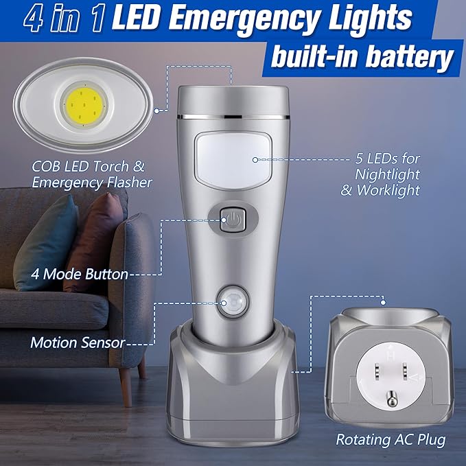 Enhon 2 Pack Rechargeable 4-in-1 LED Emergency Lights, Plug-in Flashlights with Motion Sensor Night Light, Auto-On Power Failure Light for Home, Hurricane, and Outage Supplies