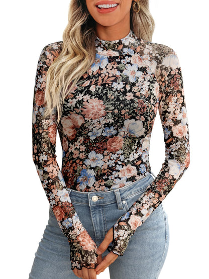 Dealmore Lace Sheer Long Sleeve Floral Mesh Mockneck Trendy Cute Going Out Tops for Women Fall Fashion Outfits 2025 Clothes Floral Fierce XS