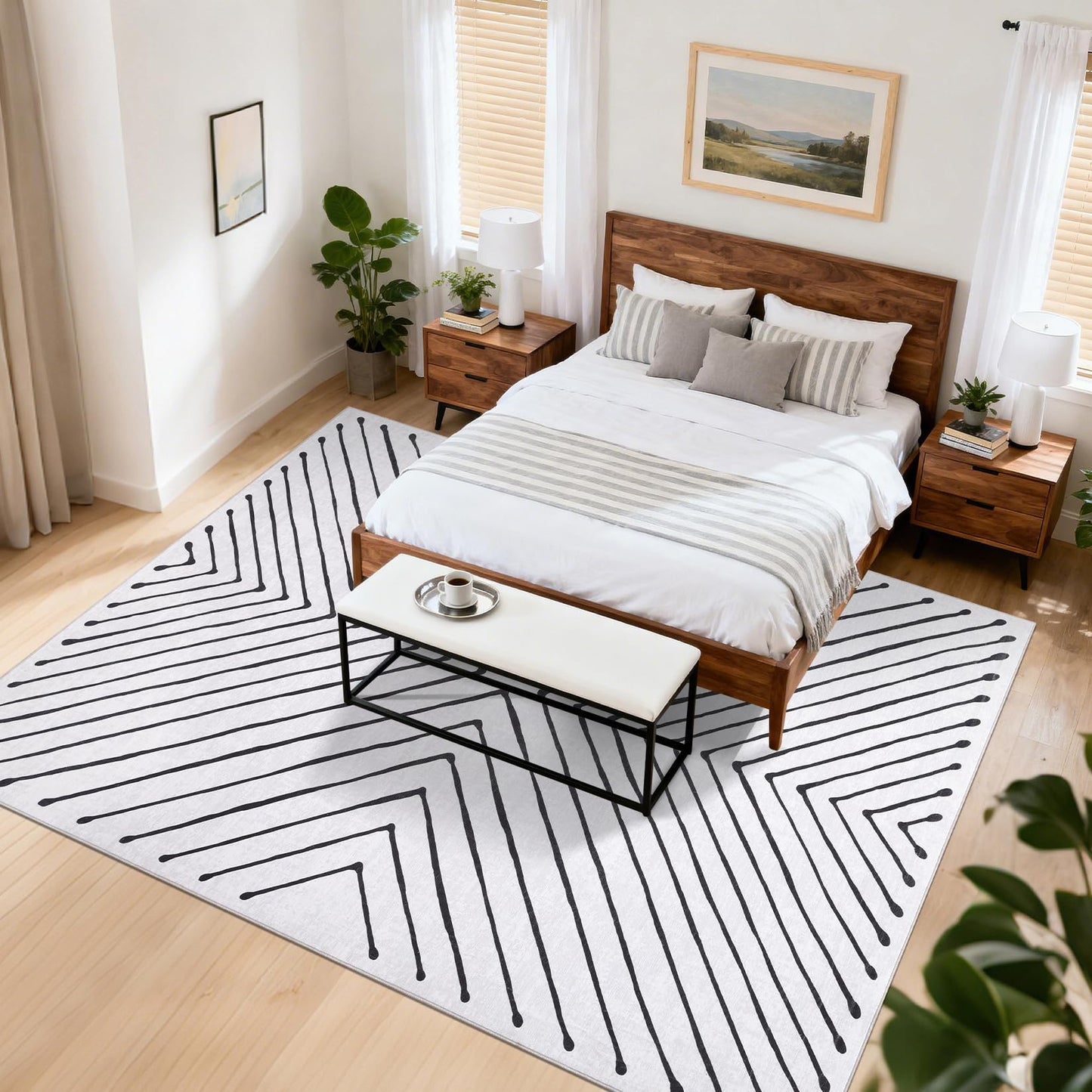 ROYHOME Area Rug 9x12 Living Room Rug Non Slip Modern Bedroom Stain Resistant Dining Room Throw Carpet Geometric Low Pile Untra Soft Contemporary Accent Carpet for Home Office, White&Black