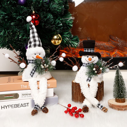 Lulu Home Christmas Snowman Decorations, Set of 2 Plush Shelf Sitters with Dangling Legs, Buffalo Checked Christmas Snowman Ornaments for Table Mantel Desk Fireplace Home Holiday Decor