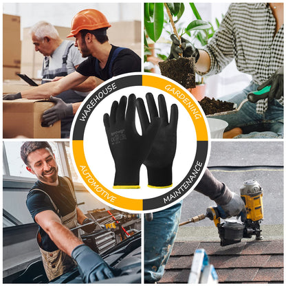 Rainberg Pack of 12 or 24 Safety Gloves, Work Gloves, with Secure Grip on Palm & Fingers, PU and Nylon Non-Slip Gloves, Ideal for General Duty Work, Gardening. (Pack of 24 Pair's, Large)