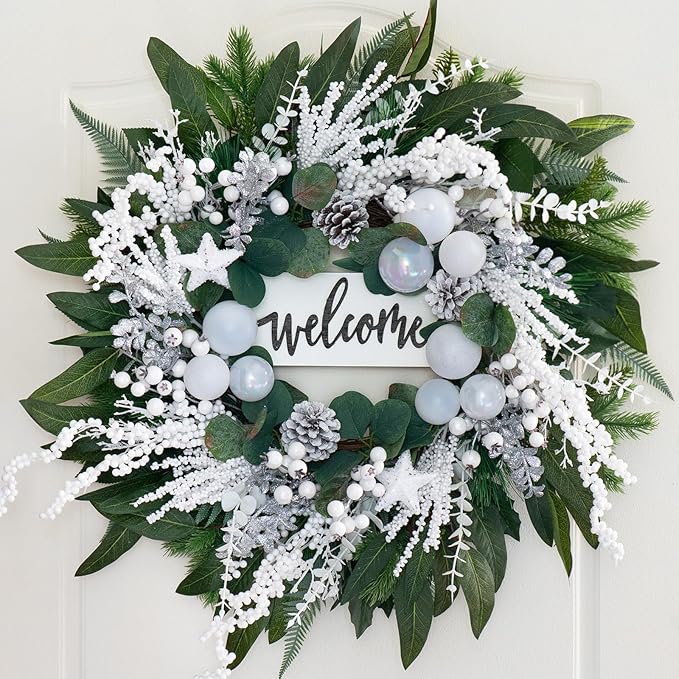 Winter Wreaths for Front Door 24 Inch Christmas & Winter Door Wreath with White Balls and Silver Berries, Festive Holiday Decor for Indoor and Outdoor, Seasonal Winter Home Decoration