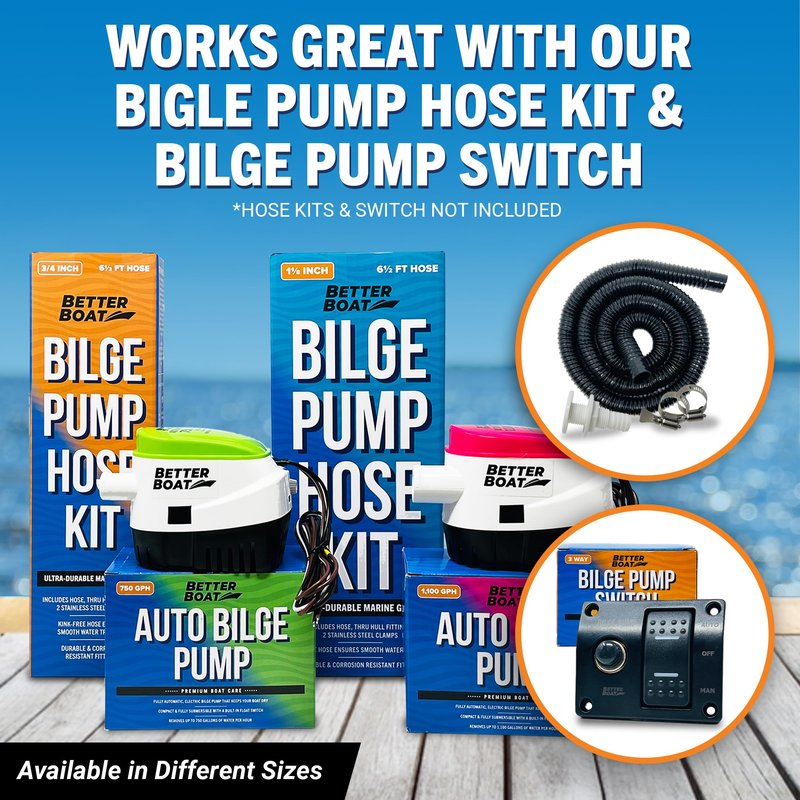 Automatic Bilge Pump 750 GPH 12V with Built-In Float Switch, 3/4 Inch Outlet, 5-Year Warranty, Submersible for Bass Boats, Jon Boats - Better Boat