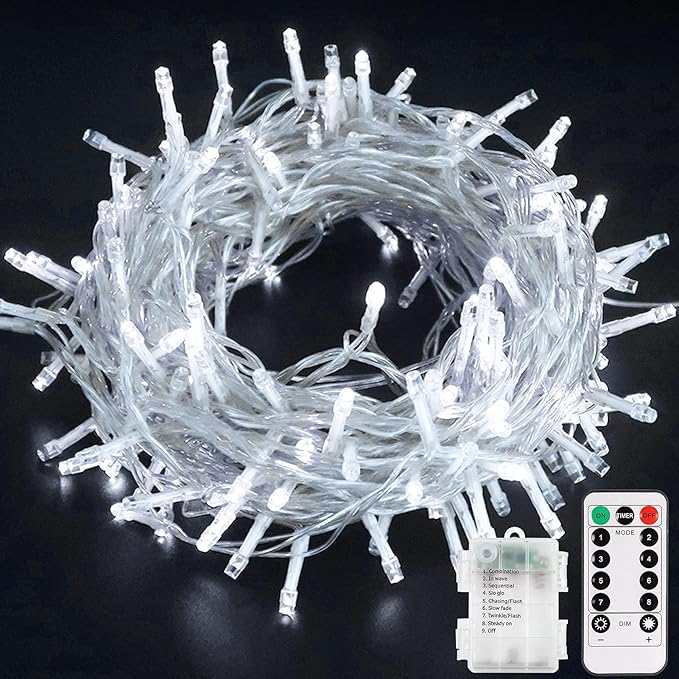 echosari LED String Lights, 100 LED Battery Operated Fairy Lights with Remote Dimmable Timer 8 Modes Christmas Lights for Outdoor Indoor Backyard Room Decoration (Cool White)
