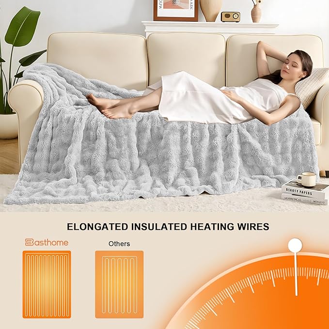 Heated Blanket Electric Throw Blanket 50''X 60''-Heating Blanket with 6 Heat Settings-4 Hours Auto Off,Cozy Faux Rabbit Fur Bubble Electric Blanket,Light Gray