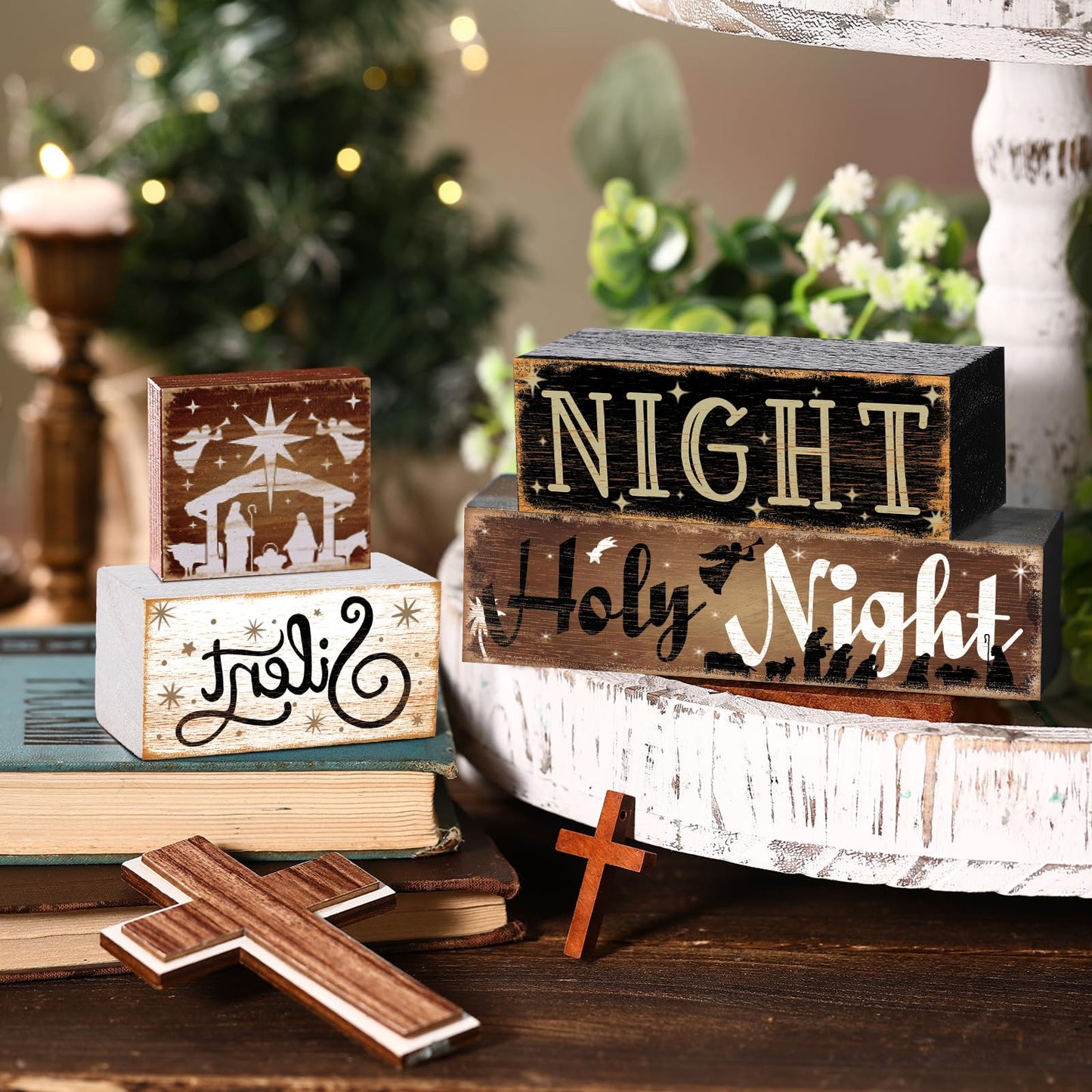 Moucuny 4 Pcs Wooden Christmas Nativity Table Sign Wooden Holy Night Decorative Signage Xmas Tiered Tray Decor Winter Centerpieces Farmhouse Block Set Xmas Table Sign for Home