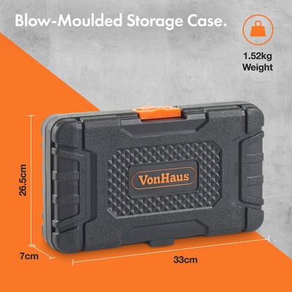 VonHaus Socket Set – 130-Piece Ratchet Kit, 1/4" Drive Socket Set with Extension Bar, Coupler, Ratchet and Wrench - Wrench Bundle and Screwdriver Bit Collection with Carry Case