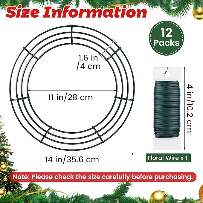 Fovths12 Pack Christmas Wire Wreath Ring 14 Inches Metal Wire Wreath Frame with Floral Wires Green DIY Floral Crafts for Xmas Halloween New Year Holiday Valentines Day Decor