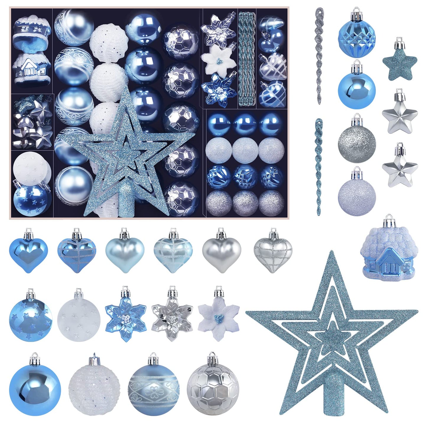 MoonXmas Christmas Ball Ornament Set, 88Pcs Plastic Shatterproof Christmas Xmas Tree Hanging Decorations, for Indoor Home Thanksgiving Halloween Party Decor - Blue/Silver.