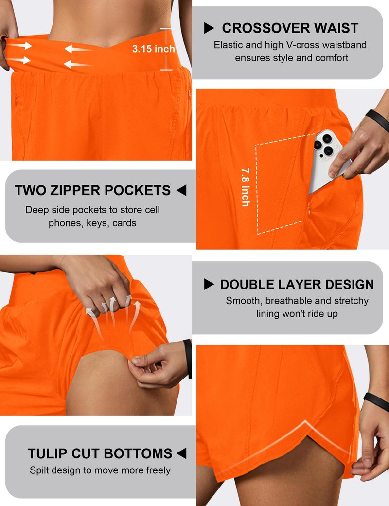 Blooming Jelly Women's Workout Shorts Athletic Running Cross V Cut Waist Work Out Preppy Shorts with Zipper Pockets (Orange,X-Large)