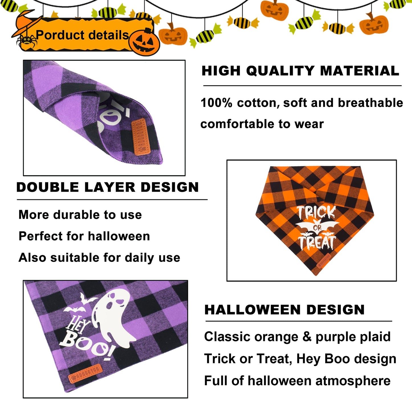 ADOGGYGO Halloween Dog Bandana Reflective Trick or Treat Boo Scarf Orange Purple Plaid Halloween Bandanas for Medium Large Dogs Pets (Large)