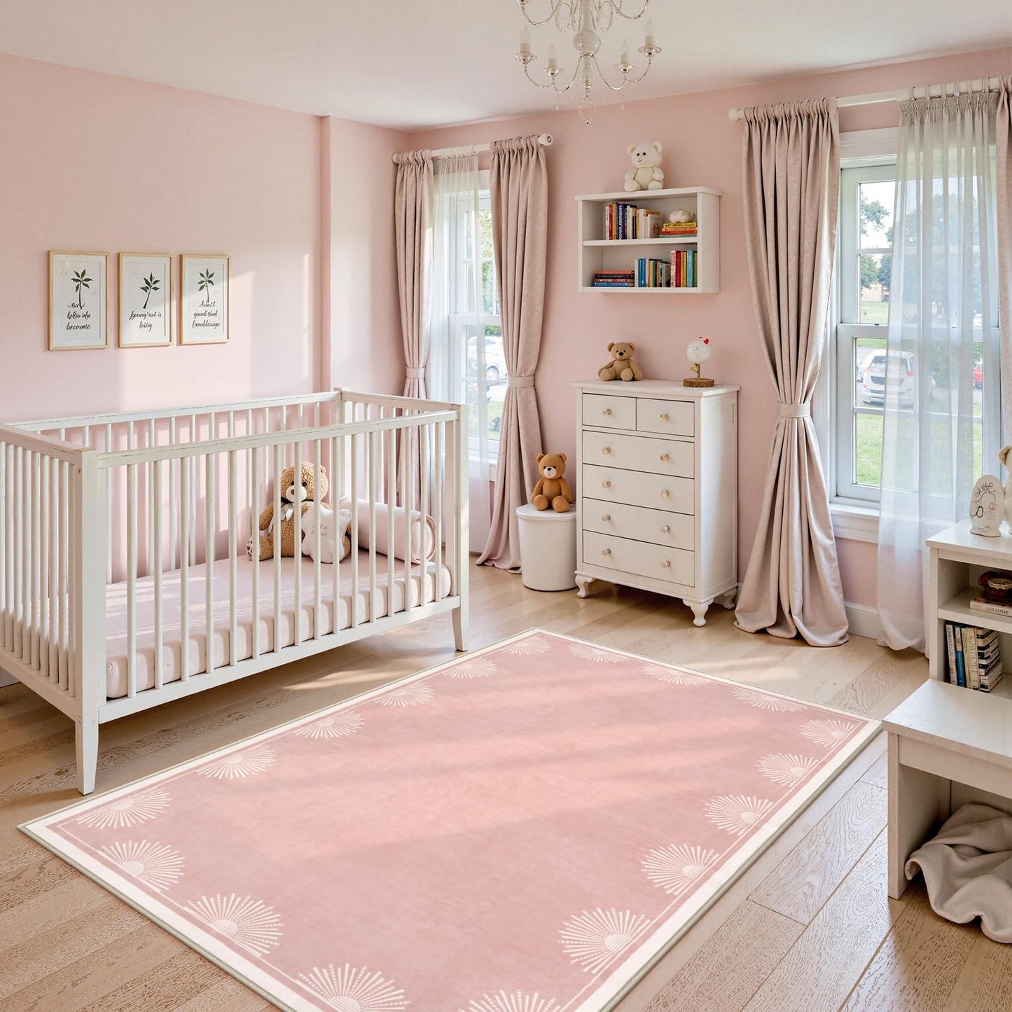 Hedlive Modern 5x7 Pink Area Rugs for Bedroom Girls, Ultra Thin Washable Nursery Rug for Kids Room, Soft Sun Print Toddler Room Rug,Boho Non Shedding Baby Carpets for Classroom Dorm Girls Decor