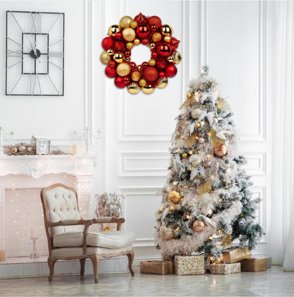 Christmas Ball Wreath 13" Xmas Wreaths Ornaments Glitter Thicken Shatterproof Garland Decoration for Door Wall Mantel Holiday Party Decor, Gold & Red