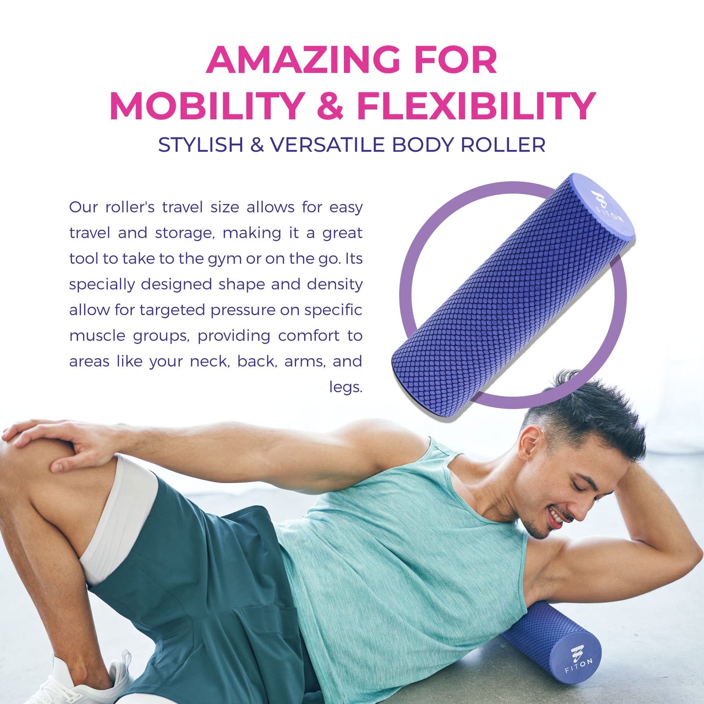FitOn Recovery Foam Roller - High Density Travel Foam Roller for Muscle Massage and Deep Tissue Relief - Compact and Portable for Exercise, Travel, and Fitness - 12"x4", Purple