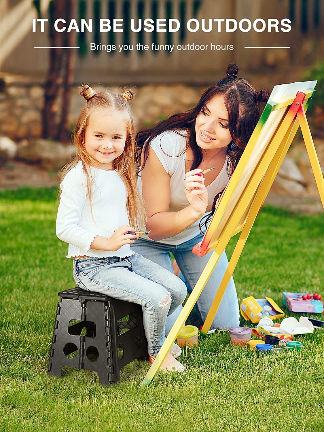 HOUSE DAY Folding Step Stool 13 inch(33cm) Height Medium Heavy Duty Foldable Stool for Adults, Large Foldable Step Non-Slip Folding Stools Portable Plastic Collapsible Step for Kids - Black