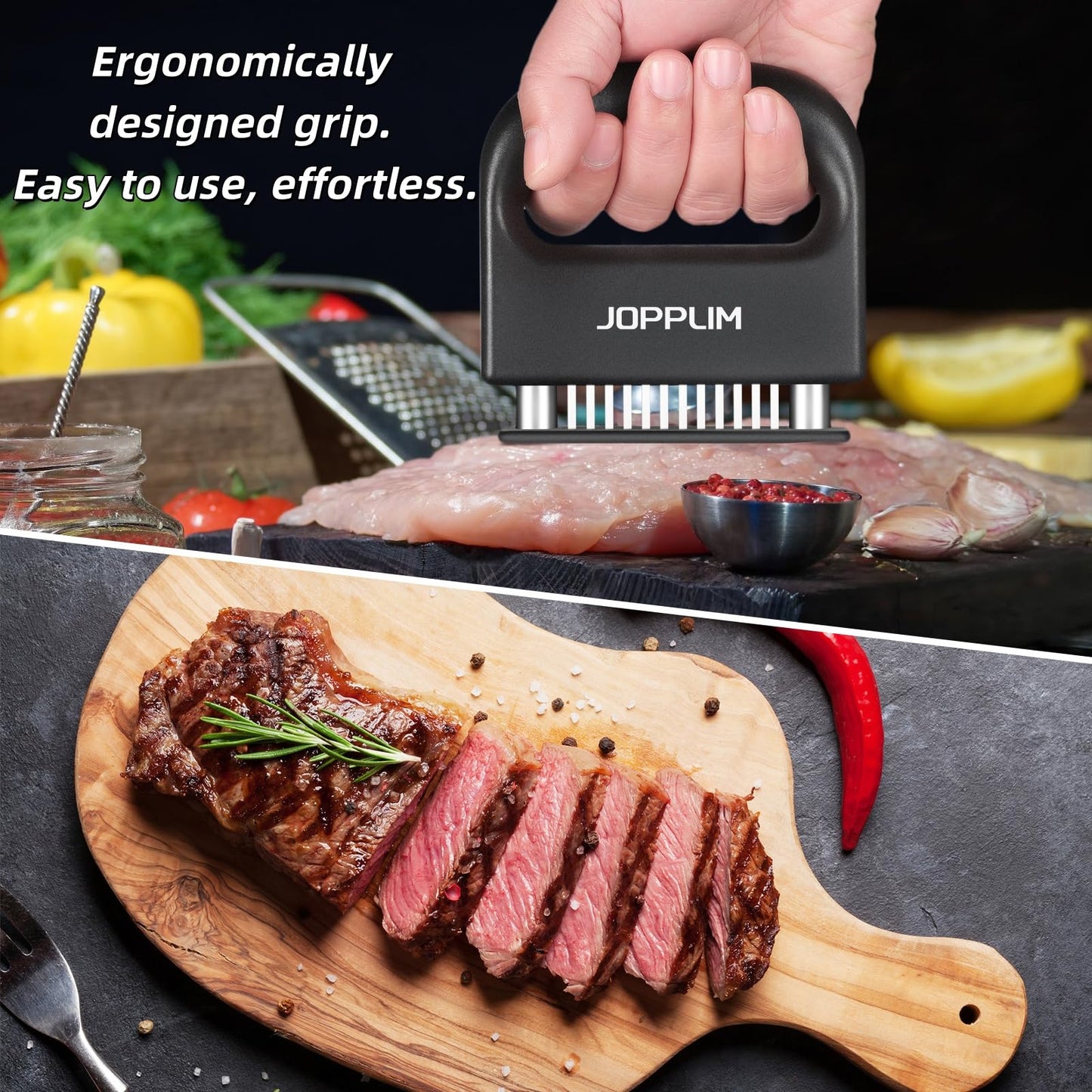 Jopplim Meat Tenderizer, With 48 Stainless Steel Ultra Sharp Needle Blades, Meat Poultry Tenderizer, for Tenderizing Beef, Pork, Turkey, Fish, Cooking Tool Best for Tenderizing, Marinade, BBQ