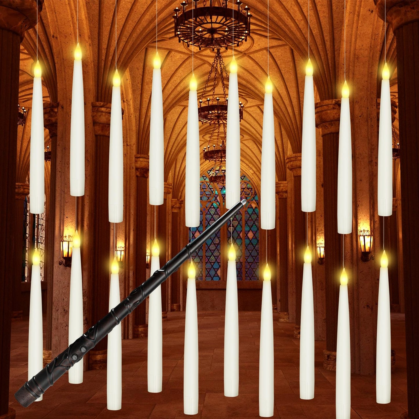 Boribim 20PCS Floating Candles with Wand, Magic Hanging Candles, Flickering Warm Light LED Taper Flameless Candles with Wand Remote, Battery Operated Window Candle for Halloween Decorations Best Gift