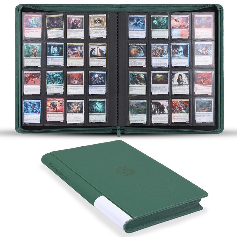 Snekdy premium 1024-pocket trading card binder, 16-pocket cards album, waterproof PU-leather Cover album with side loading, holds gaming, baseball, basketball & sports cards Green