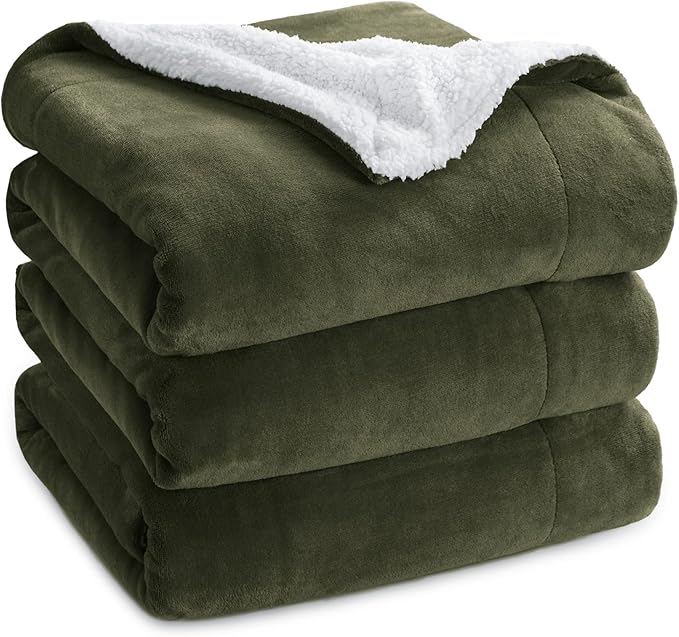 Bedsure GentleSoft Sherpa Fleece Blankets King Size for Bed - Thick and Warm Throw for Men, Soft Fuzzy Plush King Blanket for Winter, Olive Green, 108x90 Inches