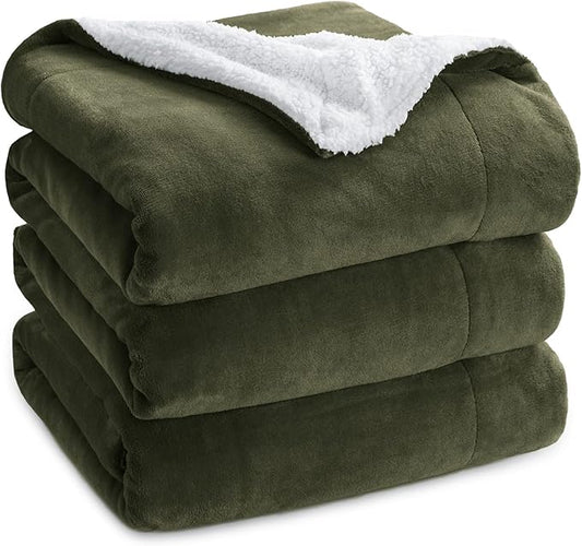 Bedsure GentleSoft Sherpa Fleece Blankets Queen Size for Bed - Thick and Warm Throw for Men, Soft Fuzzy Plush Queen Blanket for Winter, Olive Green, 90x90 Inches