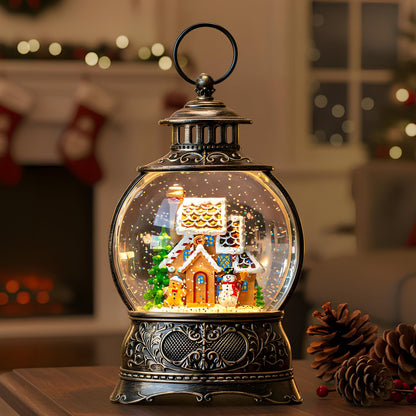 Christmas Snow Globe Lighted Gingerbread House Scene, Musical Snow Water Lantern Swirling Glittering Home Decoration and Gift, Battery Operated or USB Powered