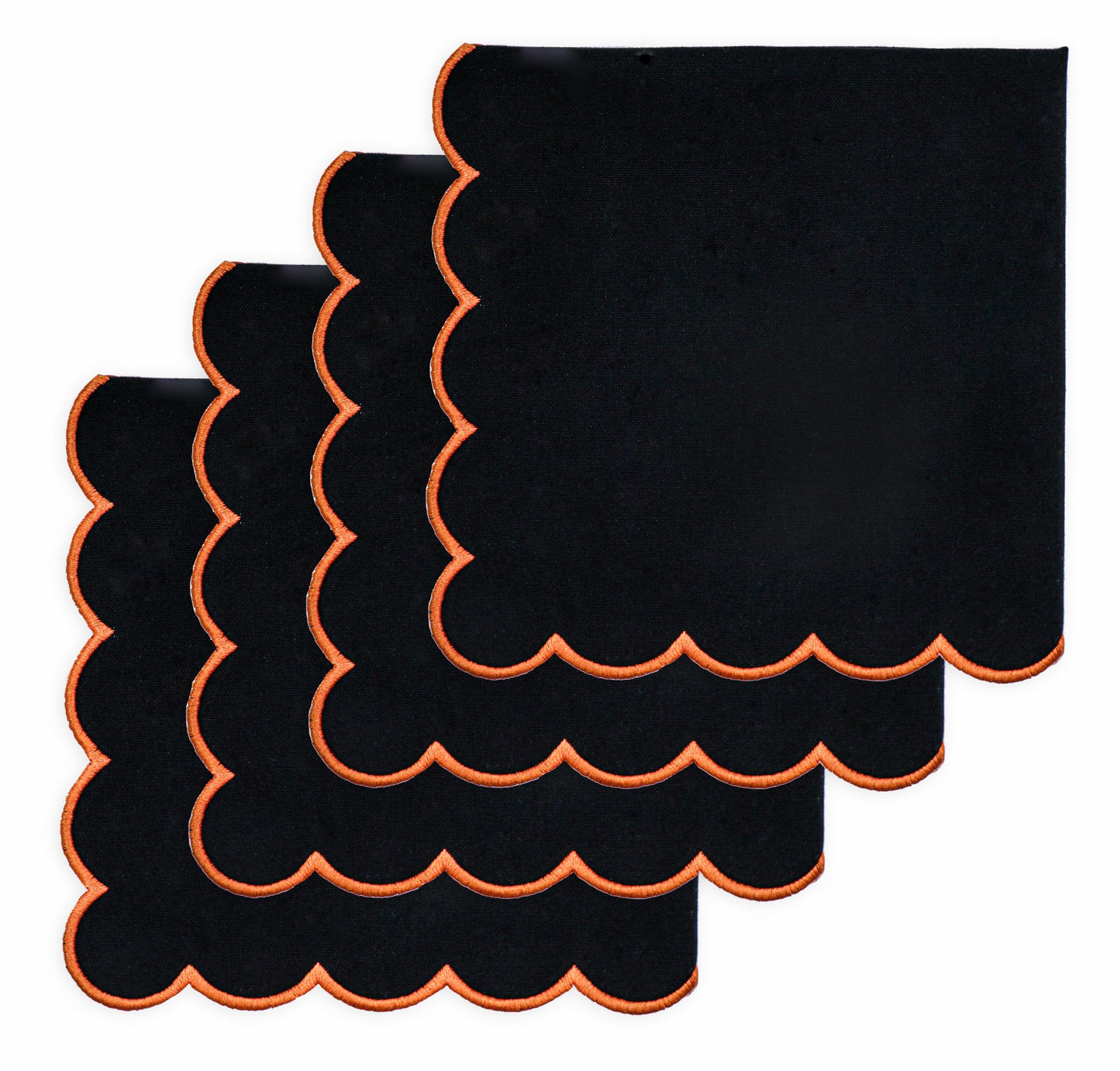 PurpleEssences Scalloped Embroidery Cloth Napkins Table Decor Fall Thanksgiving Halloween 100% Cotton Set of 4-18 x 18 inch - Black - Edges - Orange
