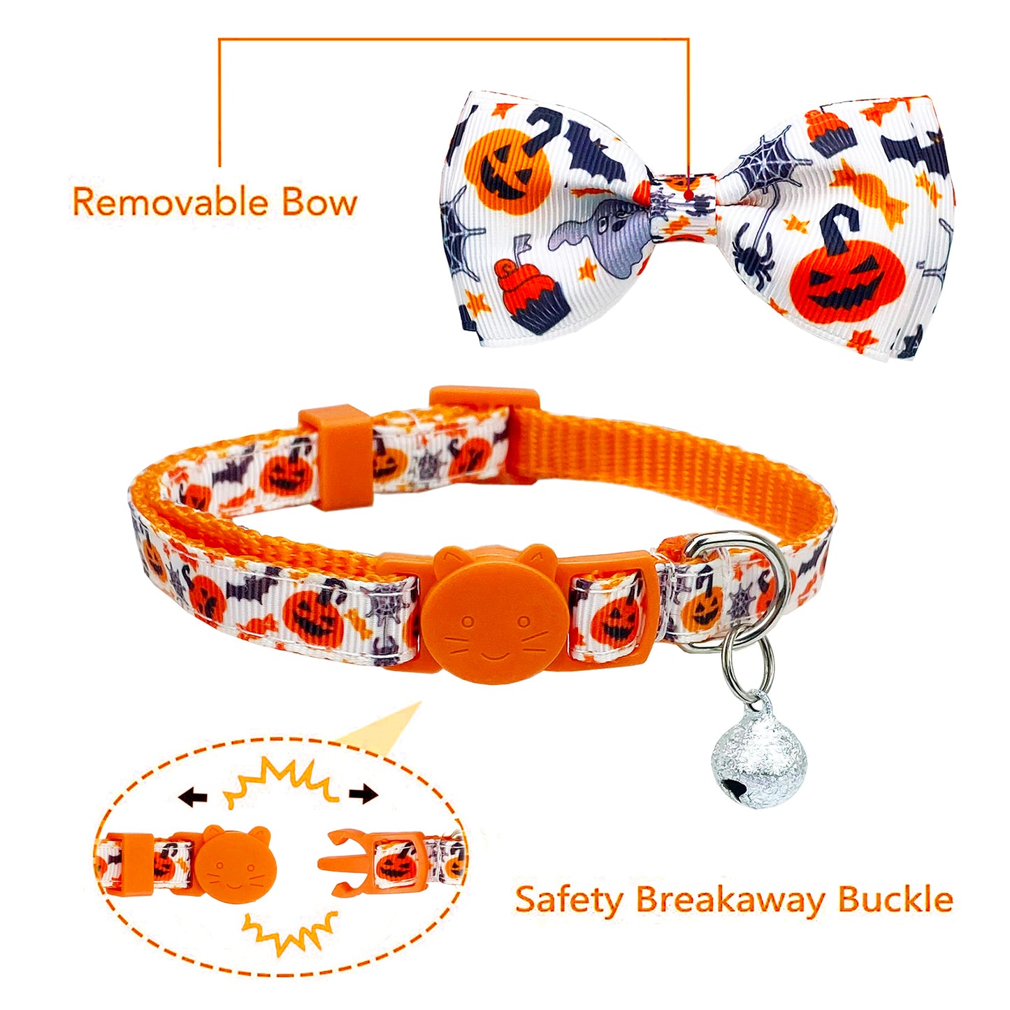 Halloween Cat Collar with Bell, Kitty Kitten Holiday Bow tie Collar Breakaway 2 Pack for Girl and Boys Male Female