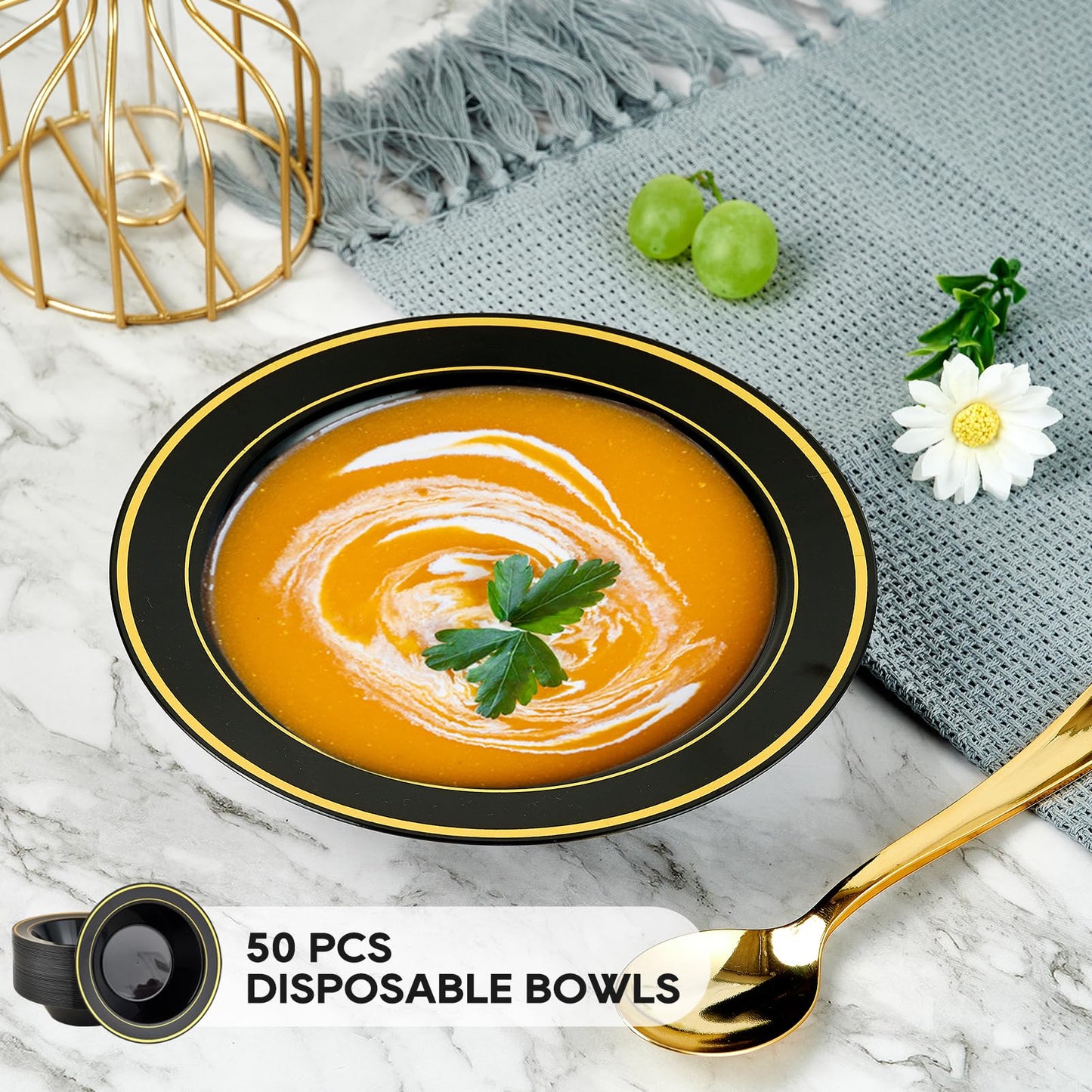 JOLLY PARTY 50PCS Black Plastic Bowls with Gold Rim-12oz, Christmas Thanksgiving Premium Disposable Soup Dessert Salad Bowls for Wedding/Party/Halloween