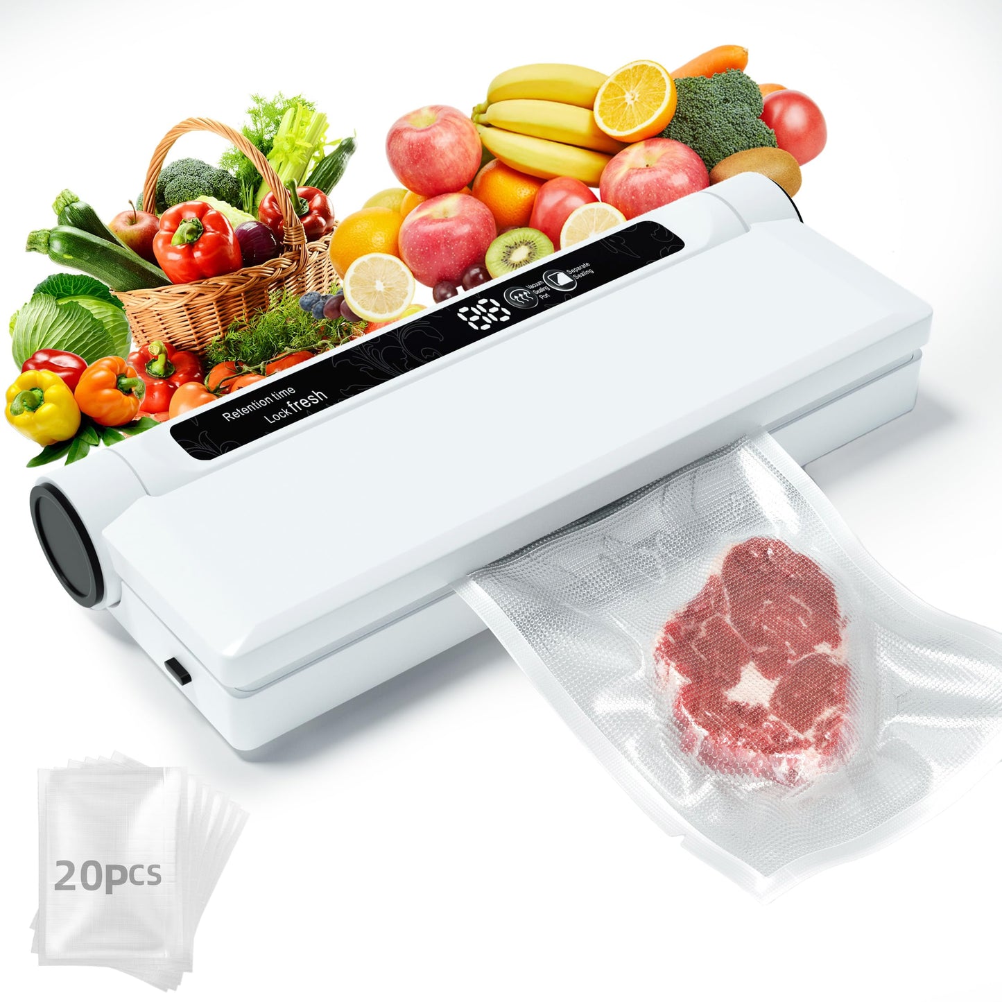 Food Storage Vacuum Sealer Machine, 75KPA Strong Suction, Dry/Wet Modes, 20 Vacuum Seal Bags for Food, Digital Countdown Timer, Compact Lightweight, Ideal for Home Kitchen Use