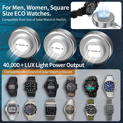ECEEN Solar Watch Fast Charger, Led Light Charging Solar Watches with Men, Women & Square 3 Size Caps Compatible Casio G Shock, Tough, Protrek, Seiko, Citizen, Garmin, Timex, Bering, FANMIS