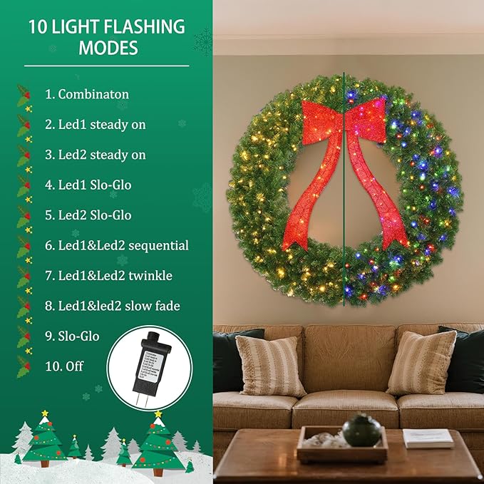 48in Prelit Christmas Wreath - Large Outdoor Christmas Wreath with Lighted Red Christmas Bow, Metal Hook, 714 Branch Tips & 250 Multicolor LED Lights for Front Door Window Holidy Decor