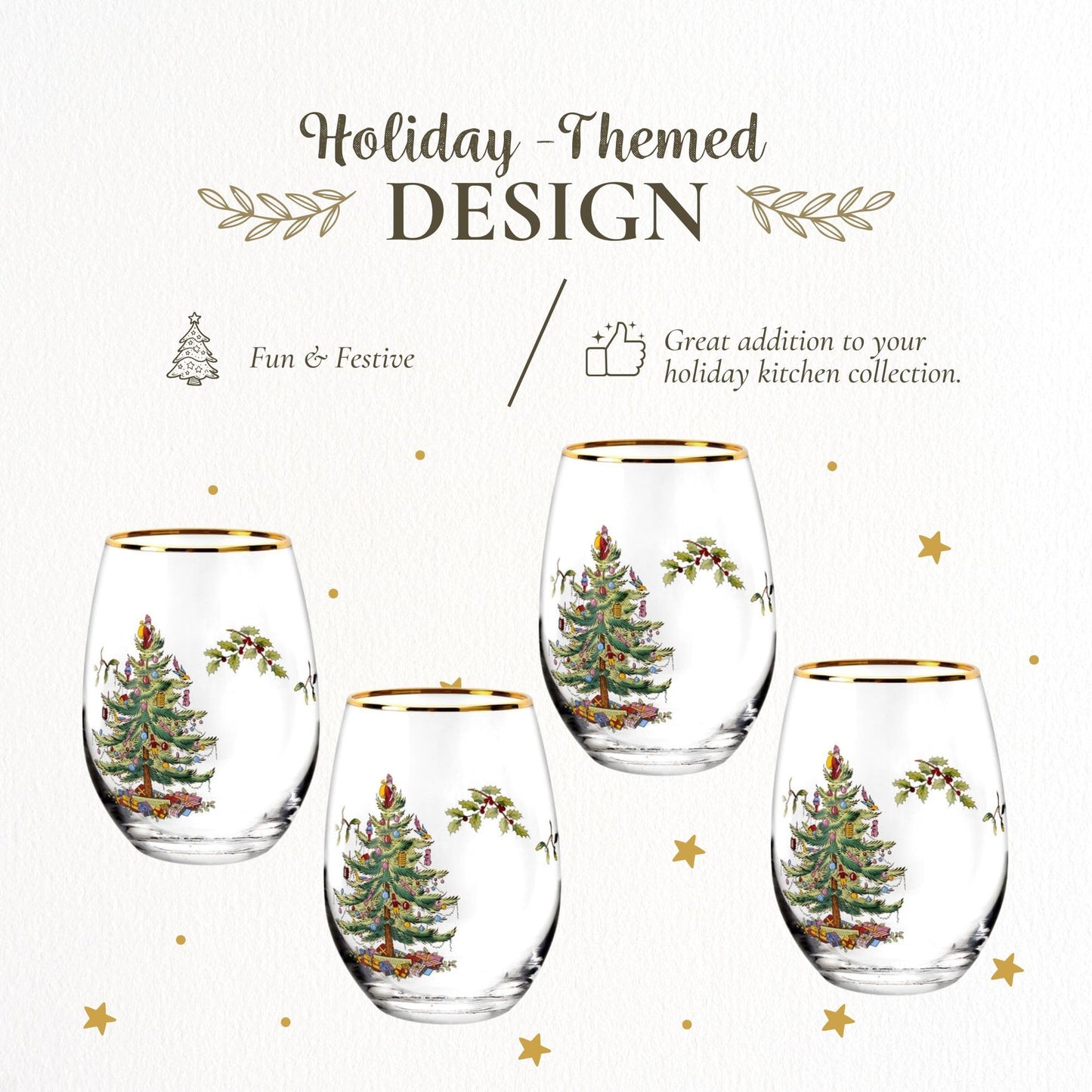 Spode Christmas Tree 19oz Stemless Wine Glasses, Set of 4 - Vintage-Inspired Holiday Drinkware with Cozy Seasonal Charm, Ideal for Mulled Wine at Festive Gatherings & Holiday Entertaining