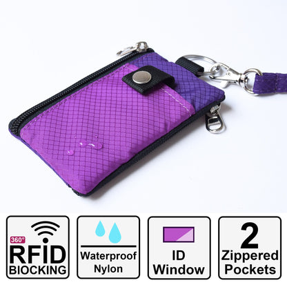 CHENSPRX Minimalist RFID Blocking Small Wallet with ID Window,WaterResistant Zip Id Case Wallet with Lanyard Keychain for Cards,Cash,Travel,Women,Men (Violet+purple)