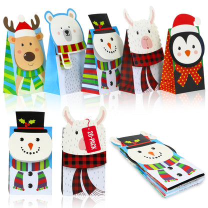 Iconikal Christmas Die-Cut Flip Over Gift Bags, 20-Count - Cute Holiday Treat Bags with Festive Animal Designs