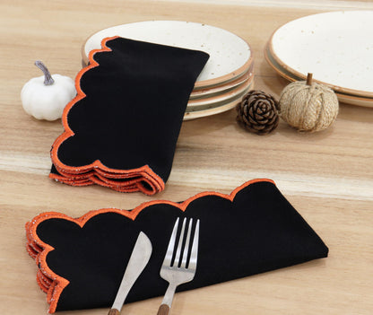 PurpleEssences Scalloped Embroidery Cloth Napkins Table Decor Fall Thanksgiving Halloween 100% Cotton Set of 4-18 x 18 inch - Black - Edges - Orange