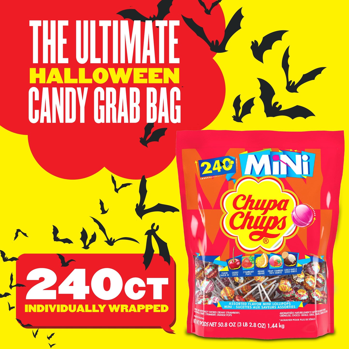 Chupa Chups Mini Lollipop Halloween Trick or Treat Candy Variety Assortment, 5 Flavors, Individually Wrapped Bulk Candy for Adults & Kids, 50.8 oz Bag (240 Suckers)