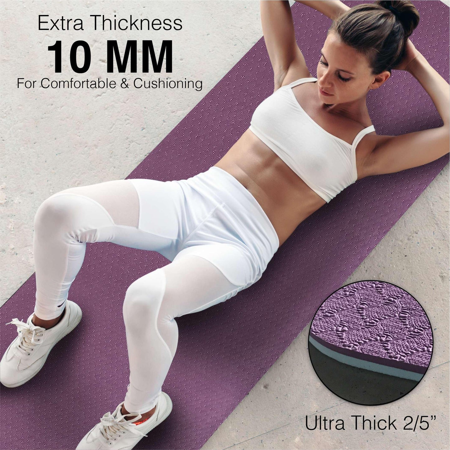 Feetlu Extra Thick Exercise Yoga Mat with Strap - 2/5 Inch (10MM), Non-Slip Workout Mat for Yoga, Pilates, and Floor Exercises(DK. PL/BGY)